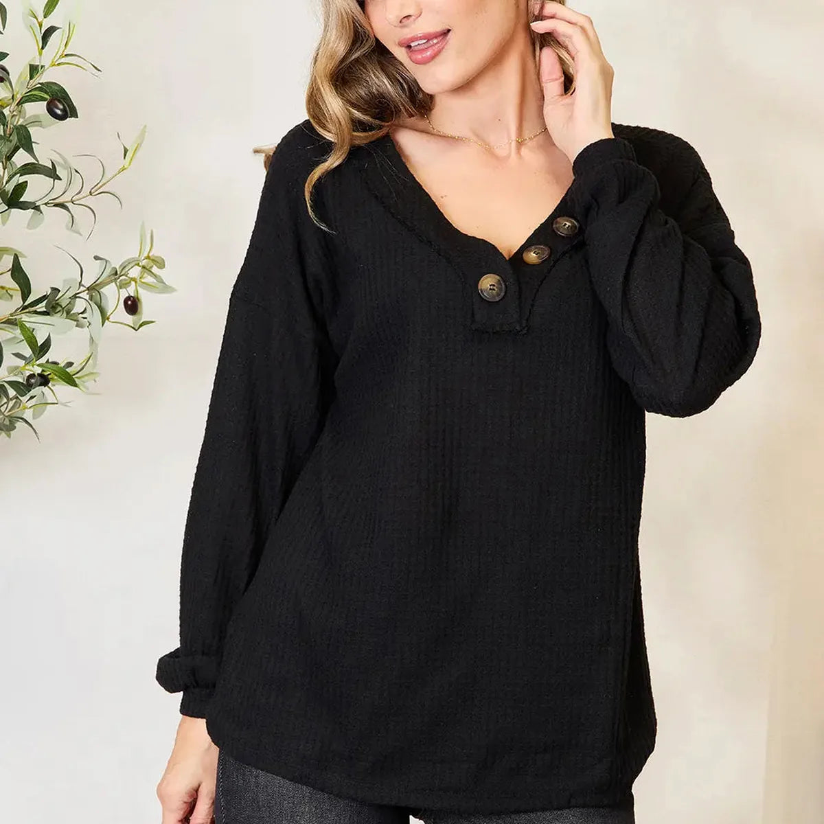 Buttoned Long-Sleeve Blouse in Soft Stretch Woven — square view — Livostyle