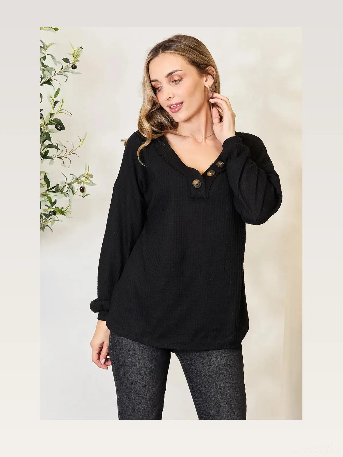 Buttoned Long-Sleeve Blouse in Soft Stretch Woven — styled showcase — Livostyle
