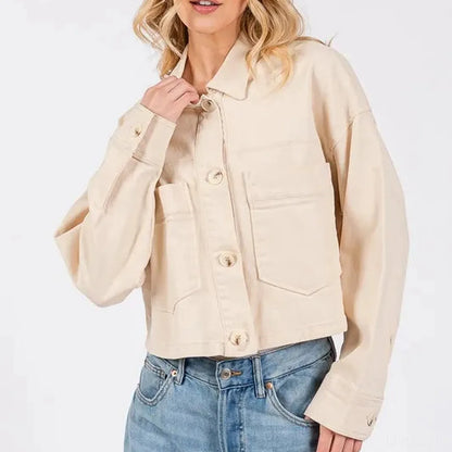 Button Down Cropped Denim Jacket with Patch Pockets – photo 3