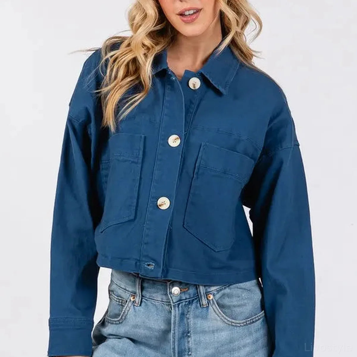 Button Down Cropped Denim Jacket with Patch Pockets in Peaco — square view — Livostyle