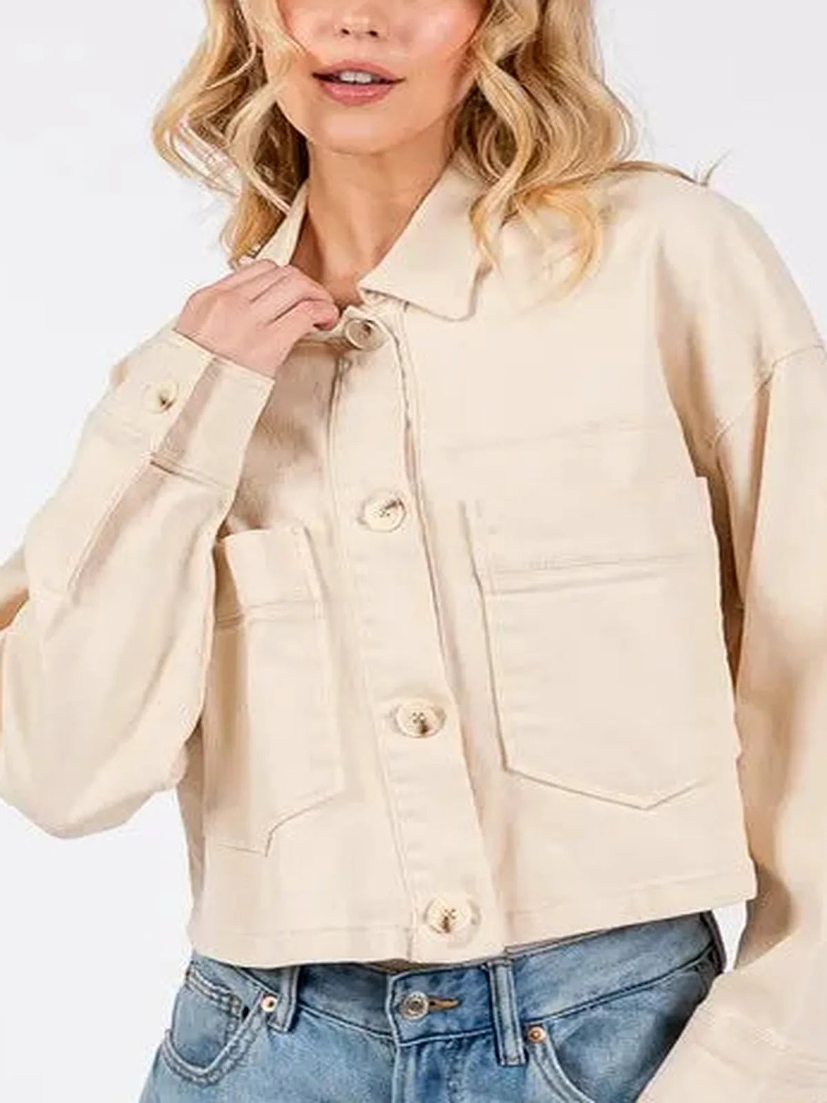 Button Down Cropped Denim Jacket with Patch Pockets – photo 4