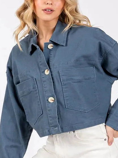 Button Down Cropped Denim Jacket with Patch Pockets in Frenc — detail view — Livostyle