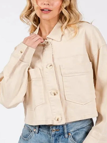 Button Down Cropped Denim Jacket with Patch Pockets – photo 2