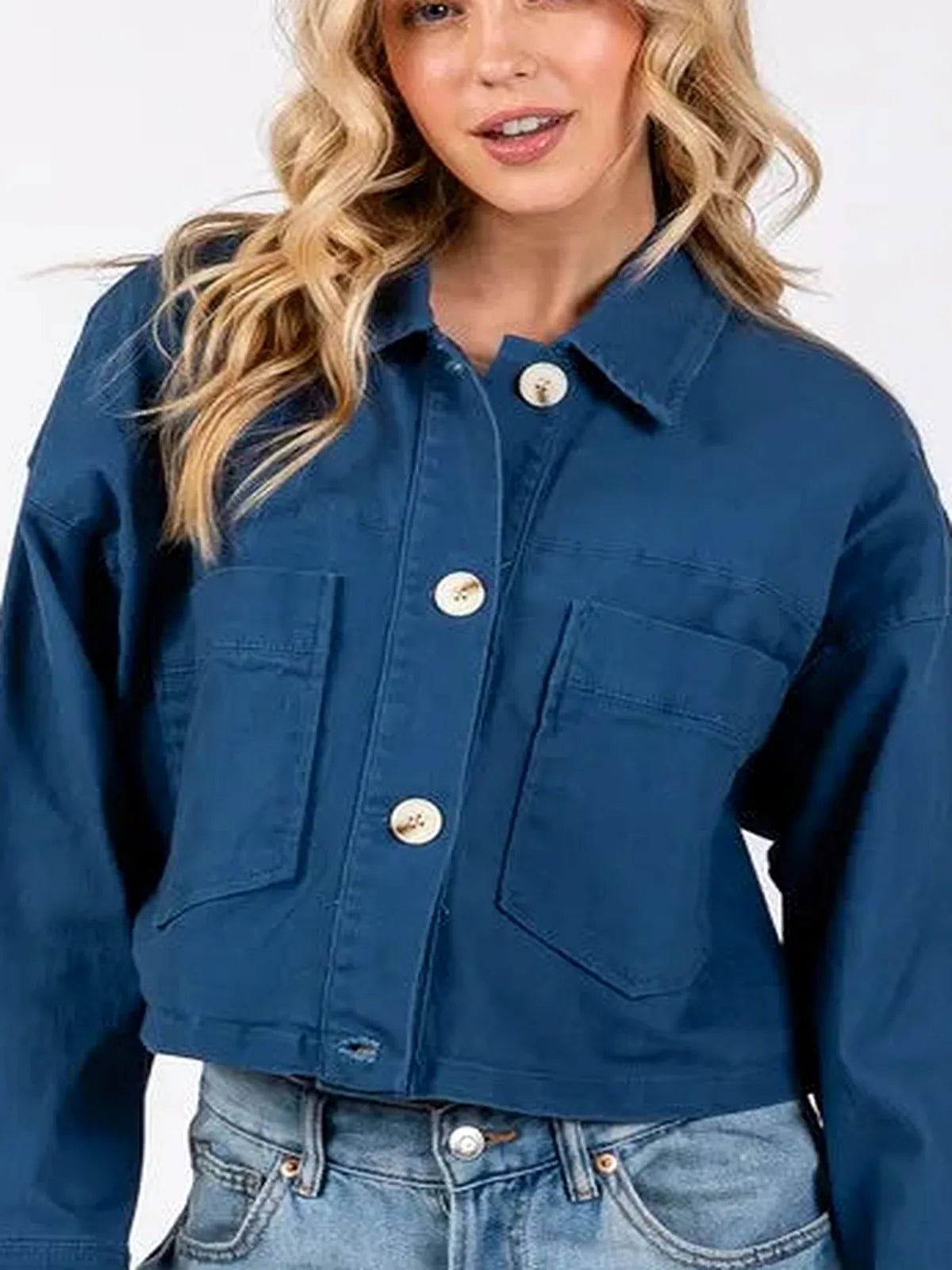 Button Down Cropped Denim Jacket with Patch Pockets in Peaco — detail view — Livostyle