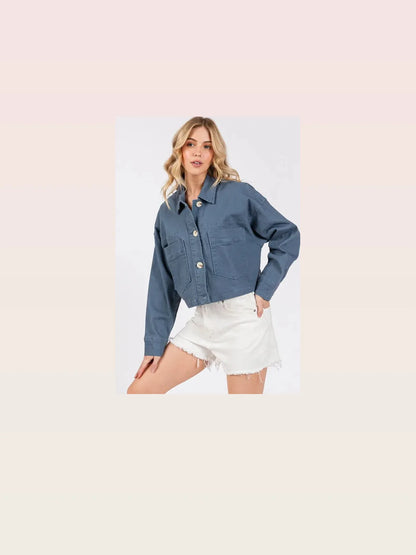 Button Down Cropped Denim Jacket with Patch Pockets in Frenc — styled showcase — Livostyle