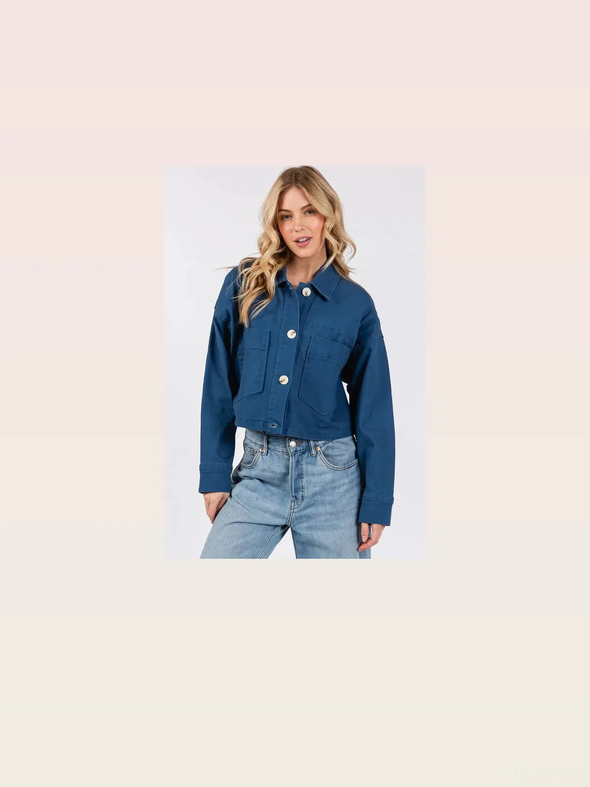 Button Down Cropped Denim Jacket with Patch Pockets in Peaco — styled showcase — Livostyle