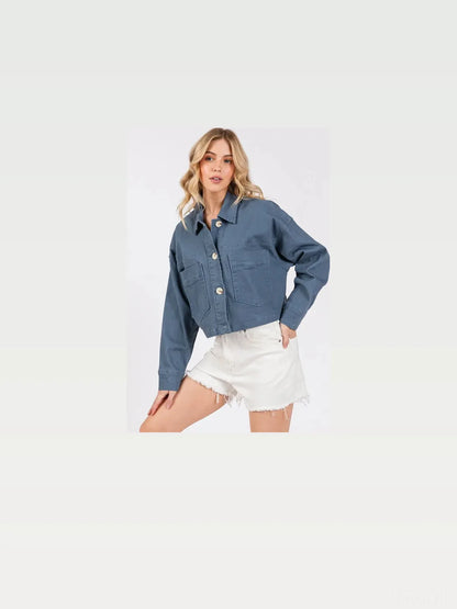 Button Down Cropped Denim Jacket with Patch Pockets in Frenc — styled showcase — Livostyle