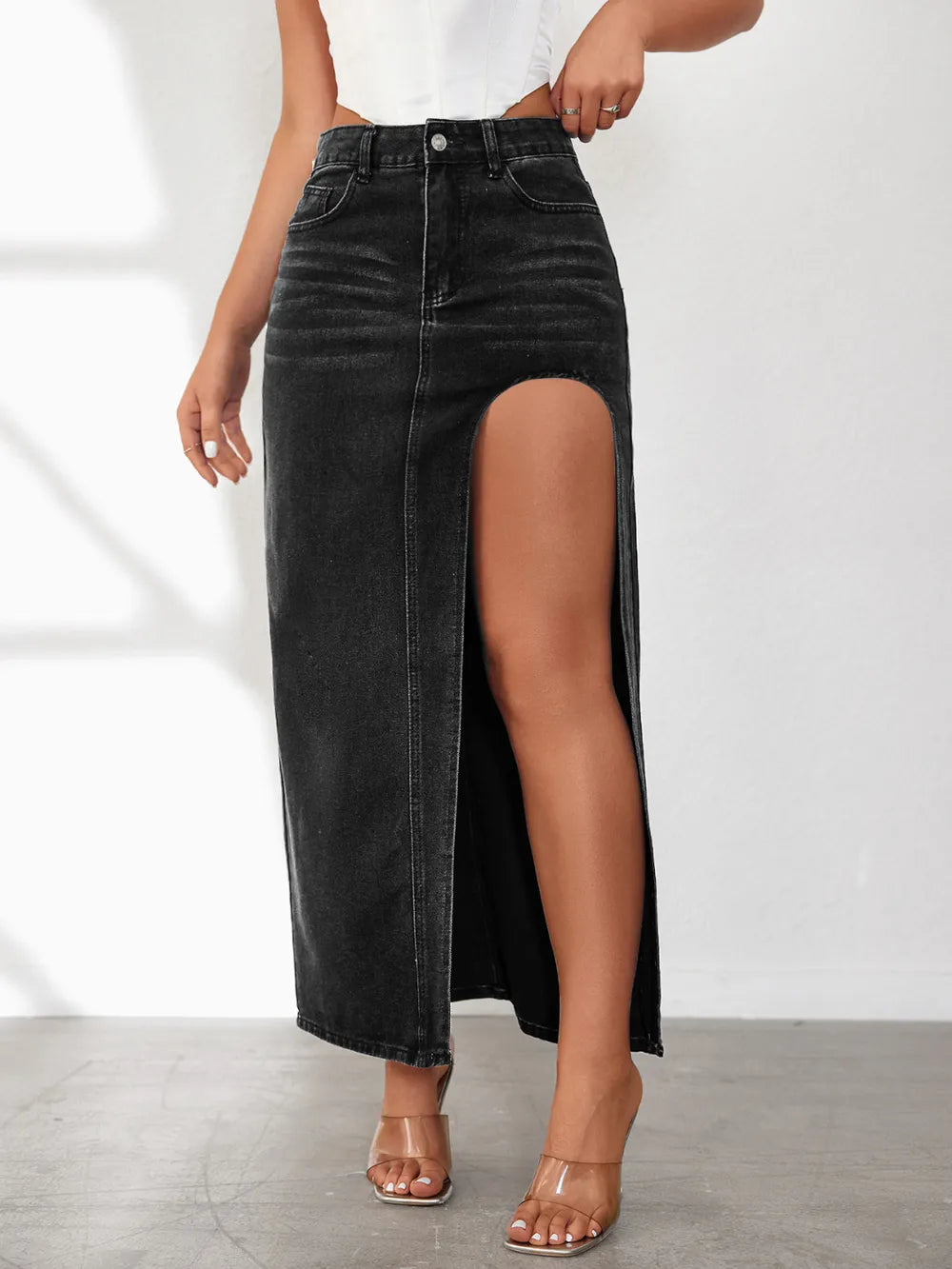 High Rise Slit Denim Skirt detail — Livostyle