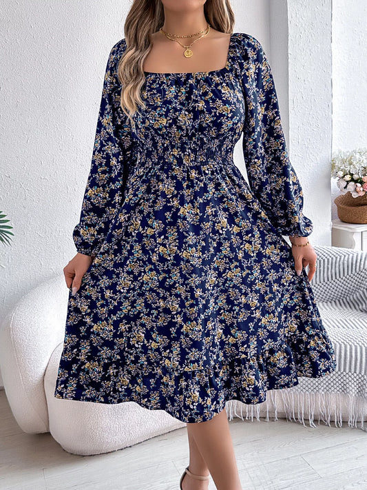 Floral Print Long Sleeve Square Neck Midi Dress in Navy Blue