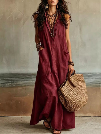 Sleeveless Button-Down Maxi Dress with Pockets in Burgundy