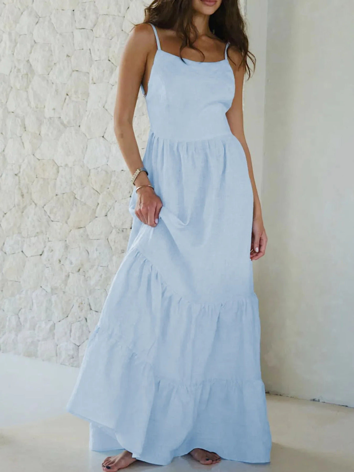 Tiered Maxi Cami Dress with Ruffled Hem in Sky Blue