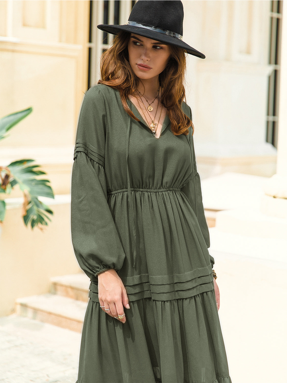Tie Neck Long Sleeve Tiered Midi Dress – photo 19