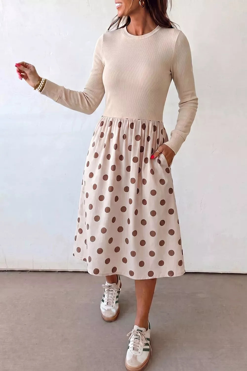 Ribbed Polka Dot Long Sleeve Midi Dress with Pockets