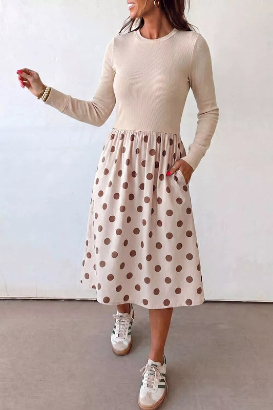 Ribbed Polka Dot Long Sleeve Midi Dress with Pockets