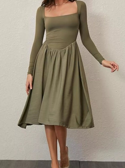 Square Neck Long Sleeve Midi Dress in Cotton Blend in Army Green