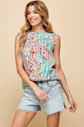 Graphic Print Ruffle Trim Mock Neck Sleeveless Top — Livostyle