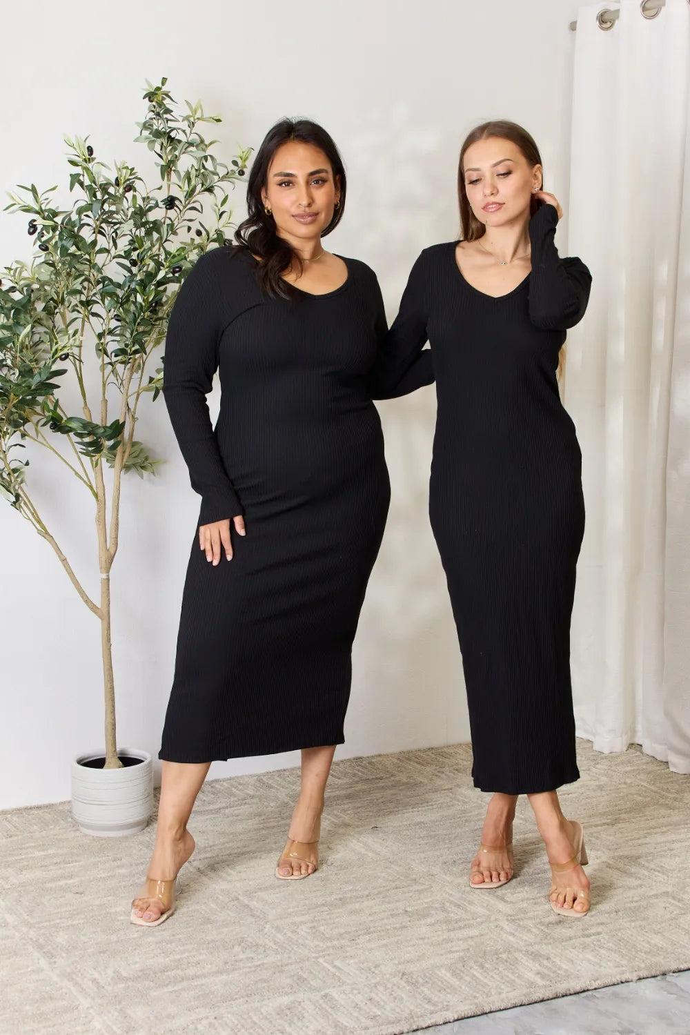Ribbed Long Sleeve Midi Slit Dress – photo 11