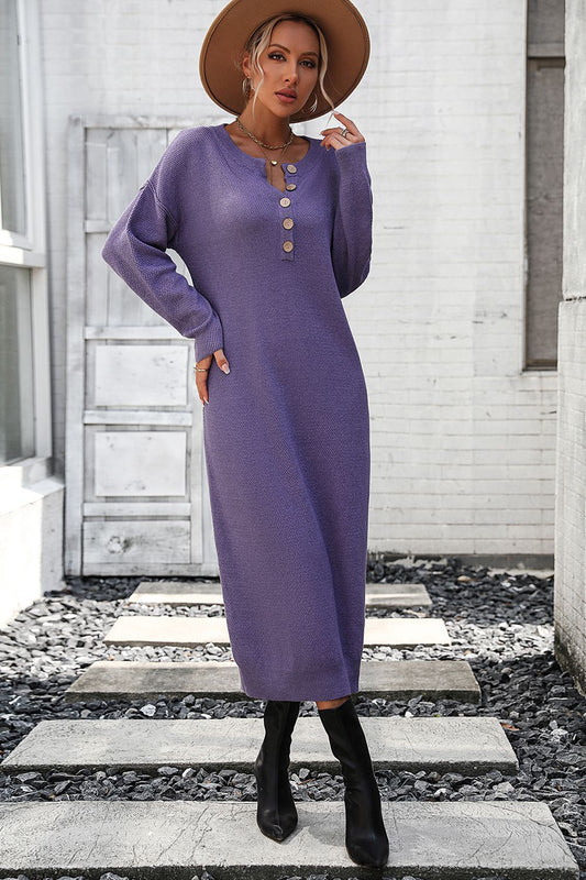 Notched Neck Dropped Shoulder Button-Down Midi Dress in Mauve