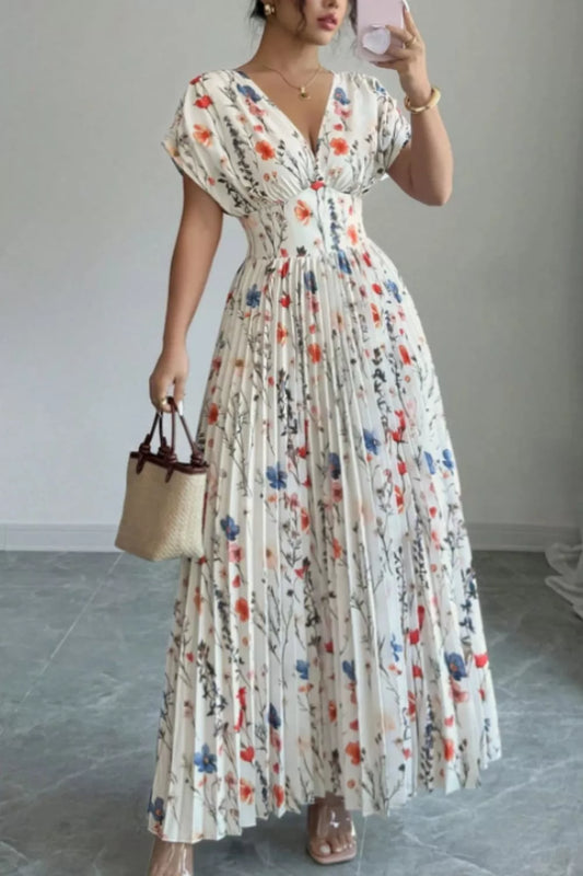 Floral Print Pleated Maxi Dress in White