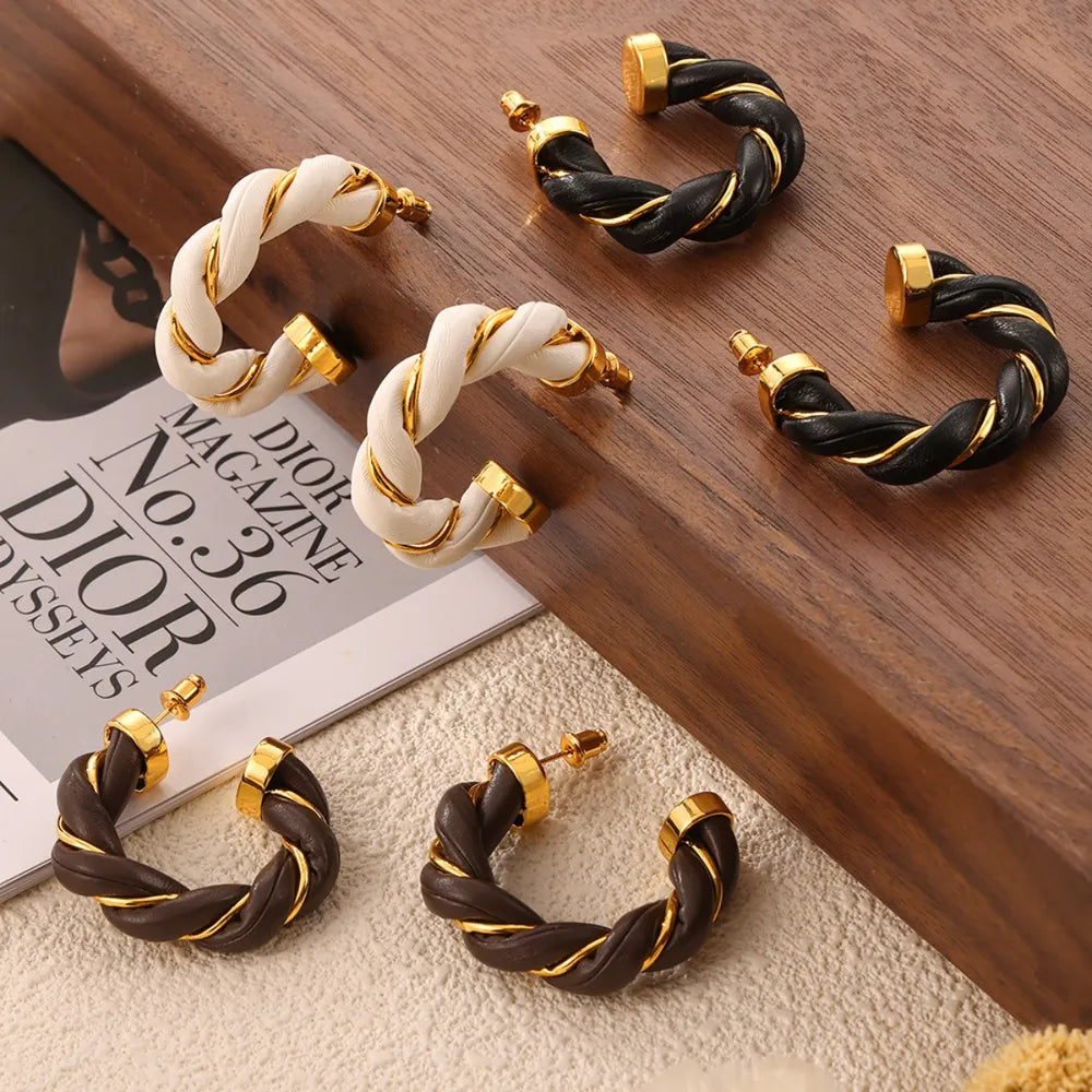 Twisted Leather Rope C-Hoop Earrings — Livostyle