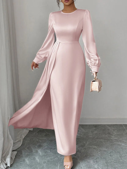 Long Sleeve Satin Maxi Dress with Slit in Blush Pink