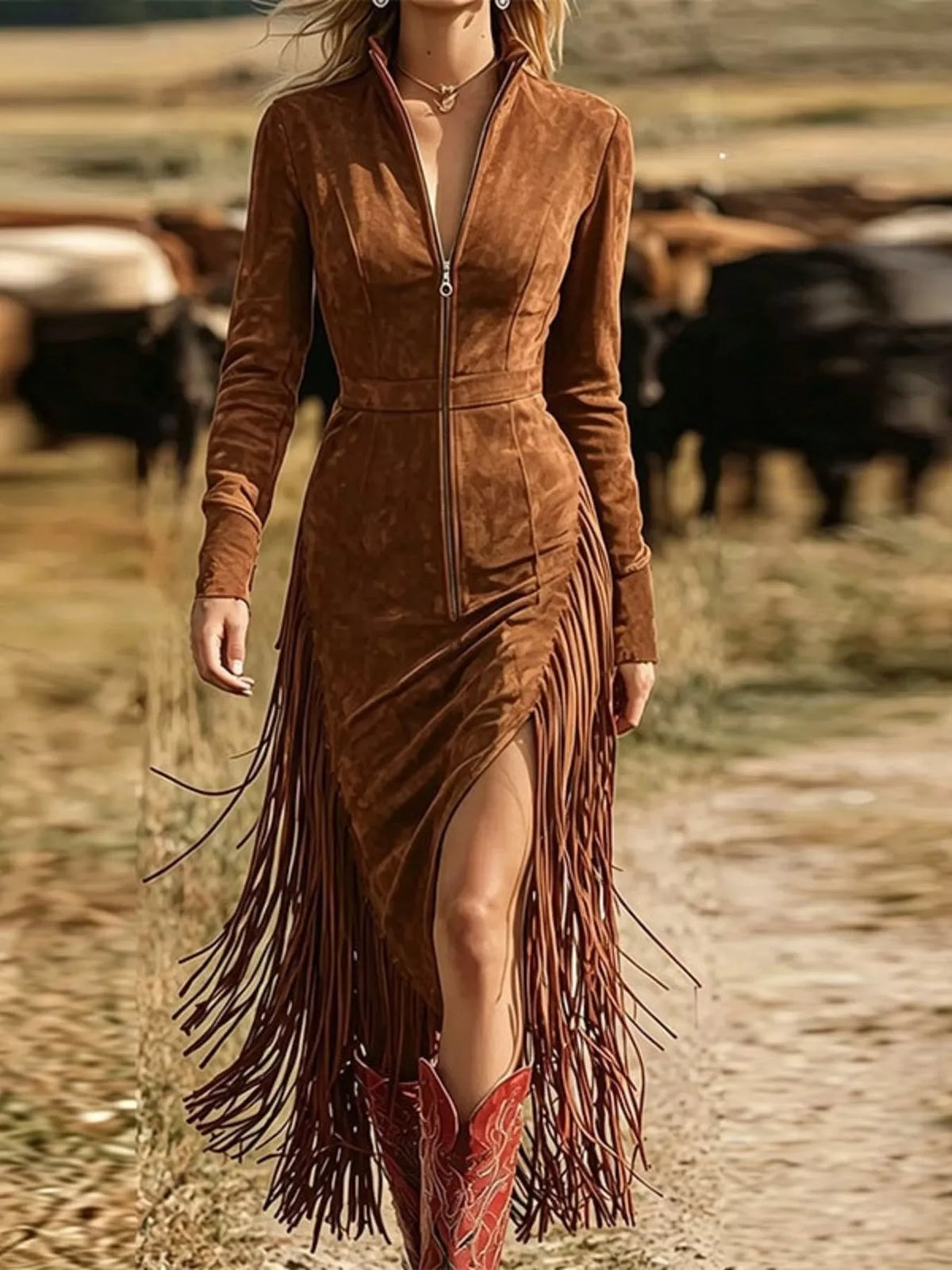 Fringe Zip-Front Slit Midi Dress in Brown