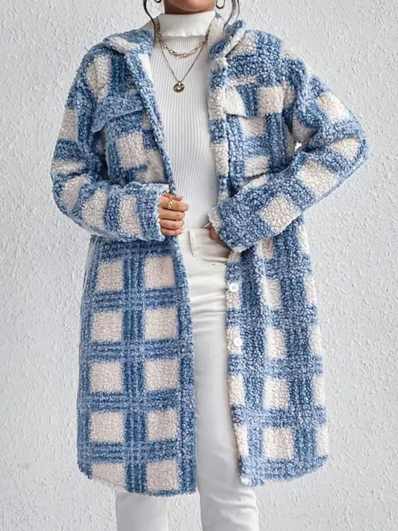 Plaid Button Up Long Sleeve Fleece Coat styling — Livostyle