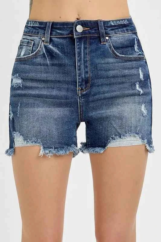 RISEN Distressed Raw Hem Denim Shorts