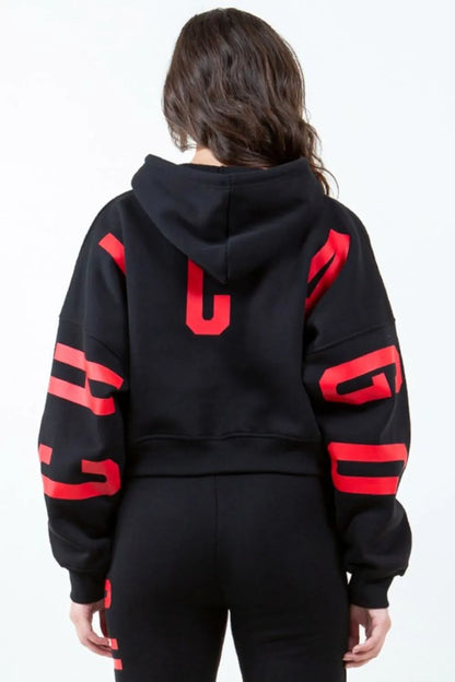Stylish Graphic Long Sleeve Cropped Hoodie with Drawstring — Livostyle