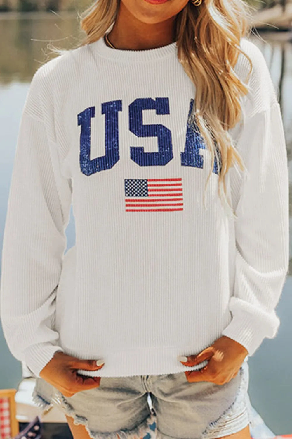 US Flag Corded Long Sleeve Sweatshirt styling — Livostyle