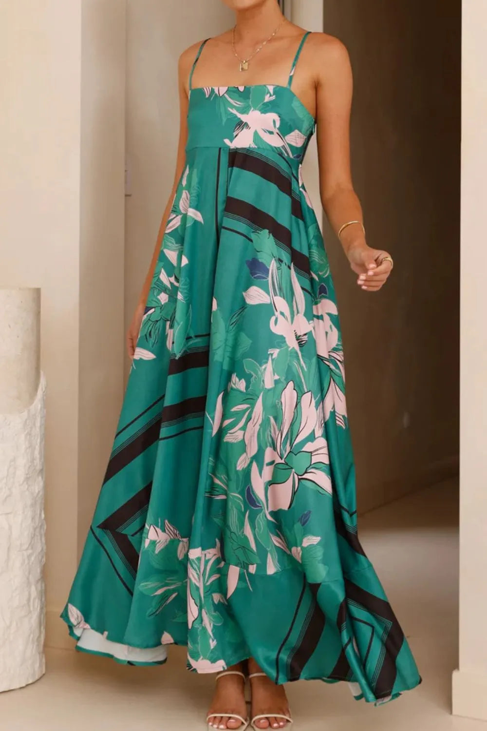 Printed Square Neck Cami Maxi Dress with Slit and Tie – photo 23