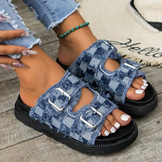 Raw Edge Checkered Cloth Buckle Sandals — Livostyle