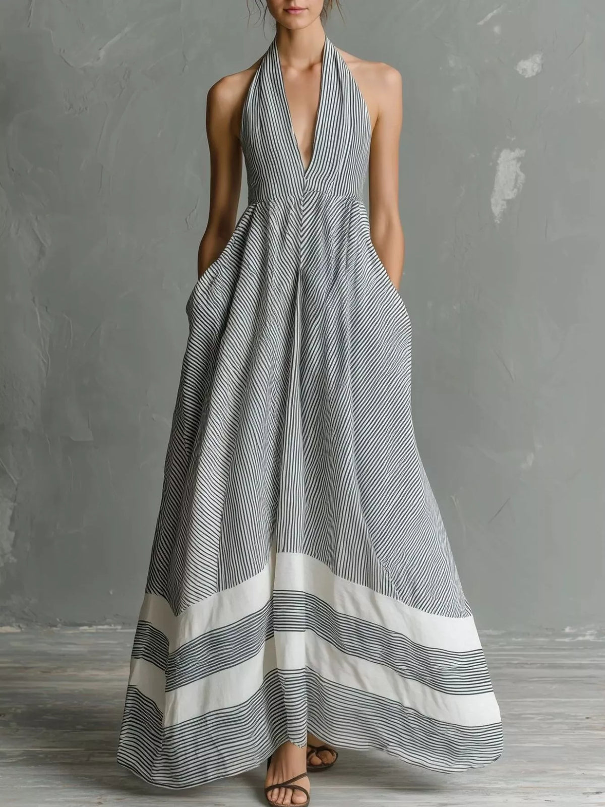 Striped Halter Neck Maxi Dress with Pockets – Plus Size in Light Gray