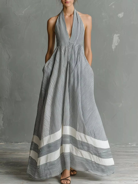 Striped Halter Neck Maxi Dress with Pockets – Plus Size in Light Gray