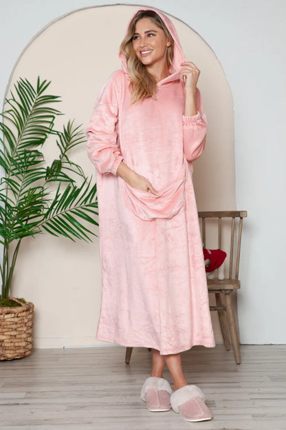 Pocketed Hooded Midi Lounge Dress in Dusty Pink — front view