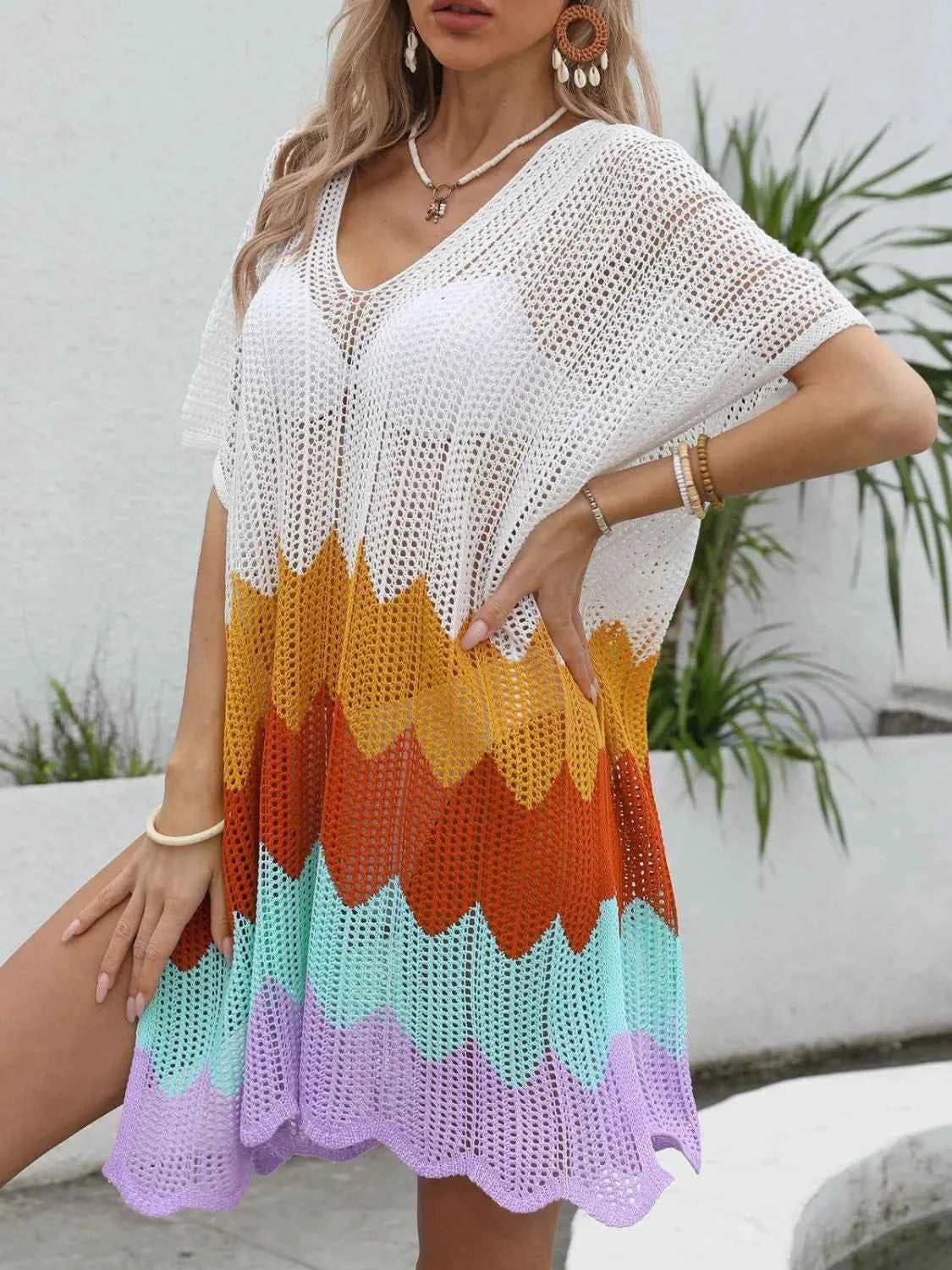 Openwork V-Neck Half Sleeve Cover-Up