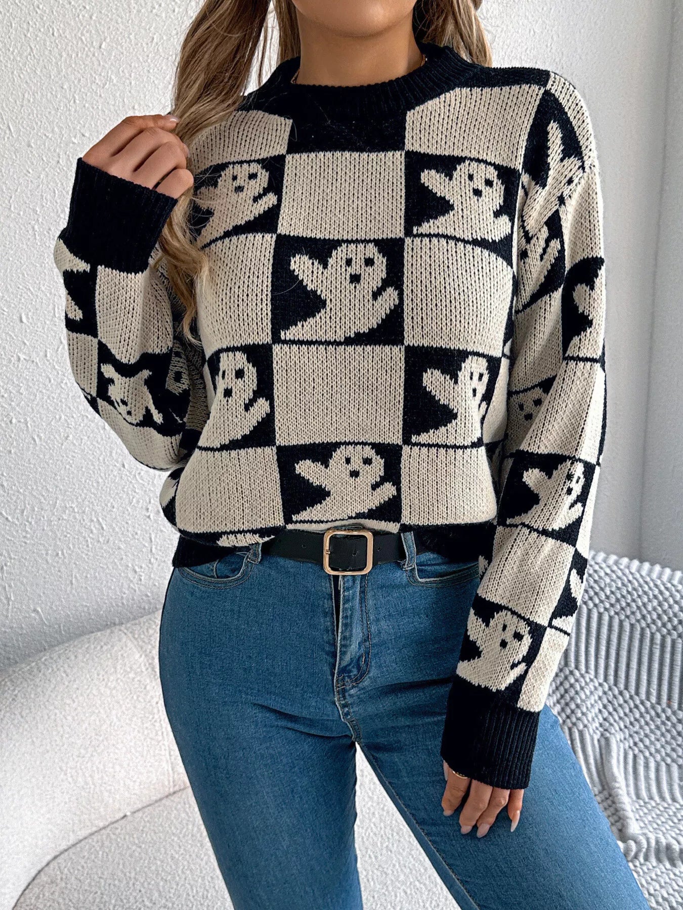 Halloween Ghost Pattern Checkered Round Neck Sweater back view — Livostyle