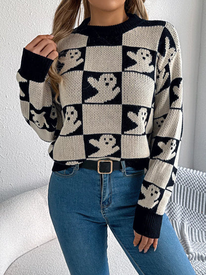 Halloween Ghost Pattern Checkered Round Neck Sweater back view — Livostyle