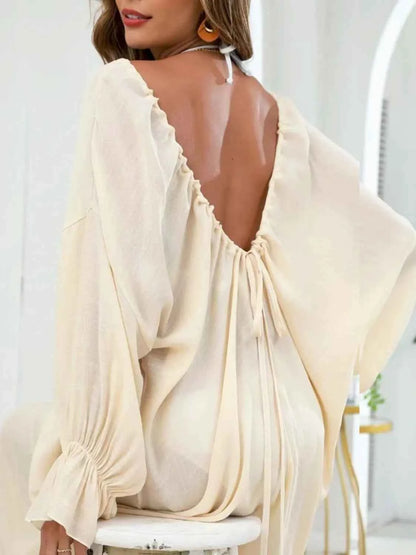 Backless Drawstring Back Flounce Sleeve Cover-Up — Livostyle