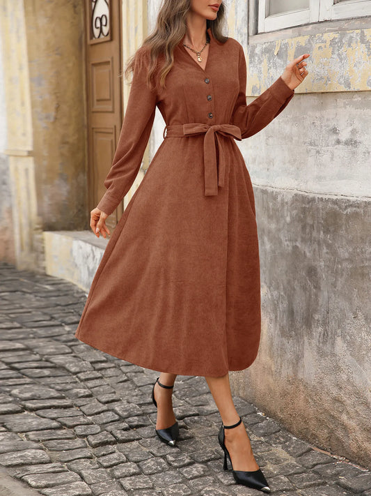 Long Sleeve Button-Front Belted Midi Dress