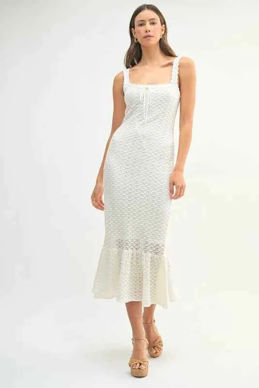 MABLE Ruffled Hem Sleeveless Crochet Knit Midi Dress