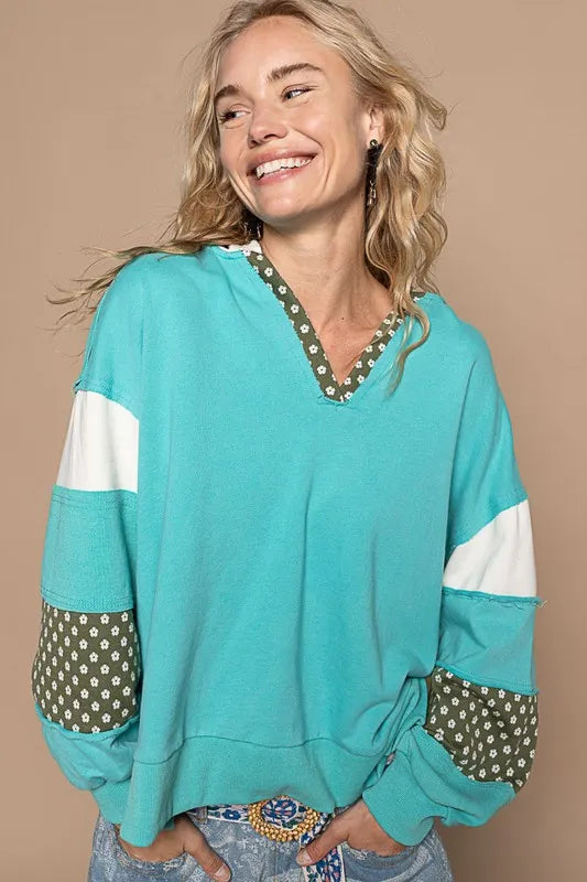 Exposed Seam Floral Patchwork French Terry Hoodie in Tiffany Blue