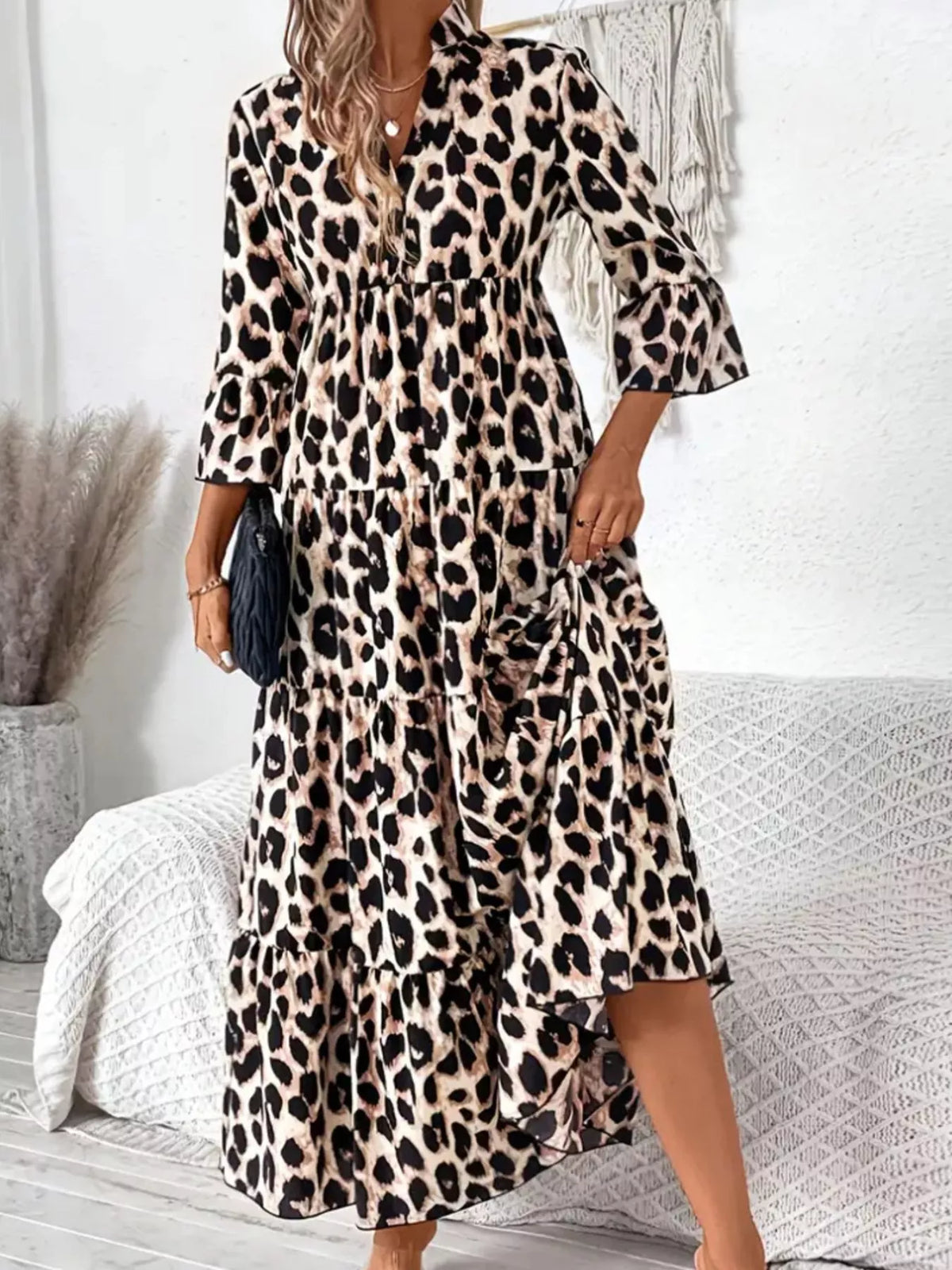 Leopard 3/4 Sleeve Ruched Midi Dress – photo 6