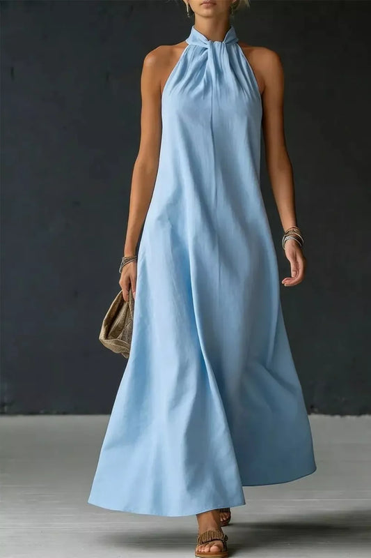 Halter Neck Slit Sleeveless Maxi Dress in Light Blue