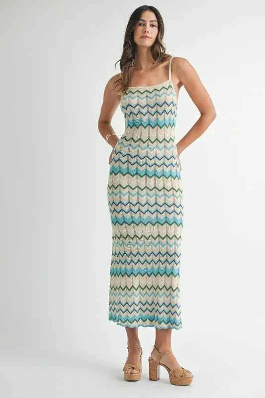 MABLE Lightweight Pointelle Chevron Knit Maxi Dress