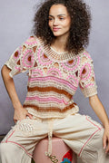 Weave Pattern Short Sleeve Crochet Top with Border Accents — Livostyle