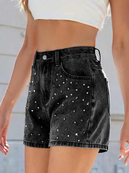 Rhinestone Washed High Waist Denim Shorts back view — Livostyle