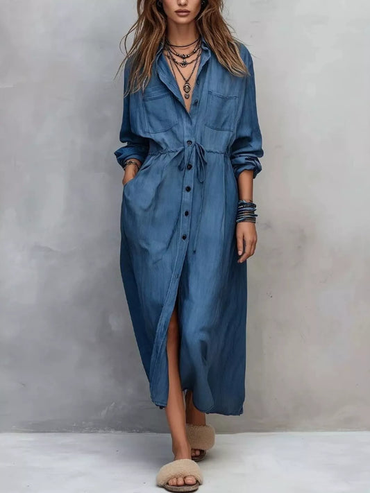 Button Front Long Sleeve Shirt Dress with Drawstring – Plus Size in Navy