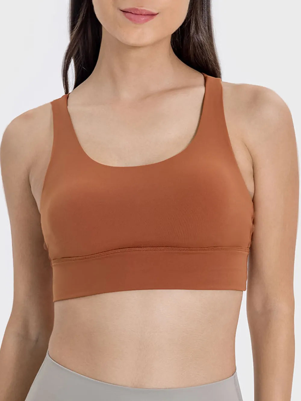 Crisscross Back Scoop Neck Active Tank with Chest Pads in Caramel