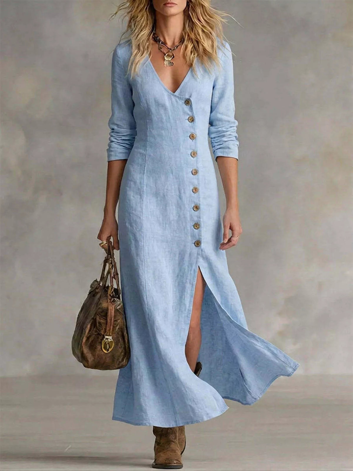 Slit Button-Down Midi Dress in Light Blue